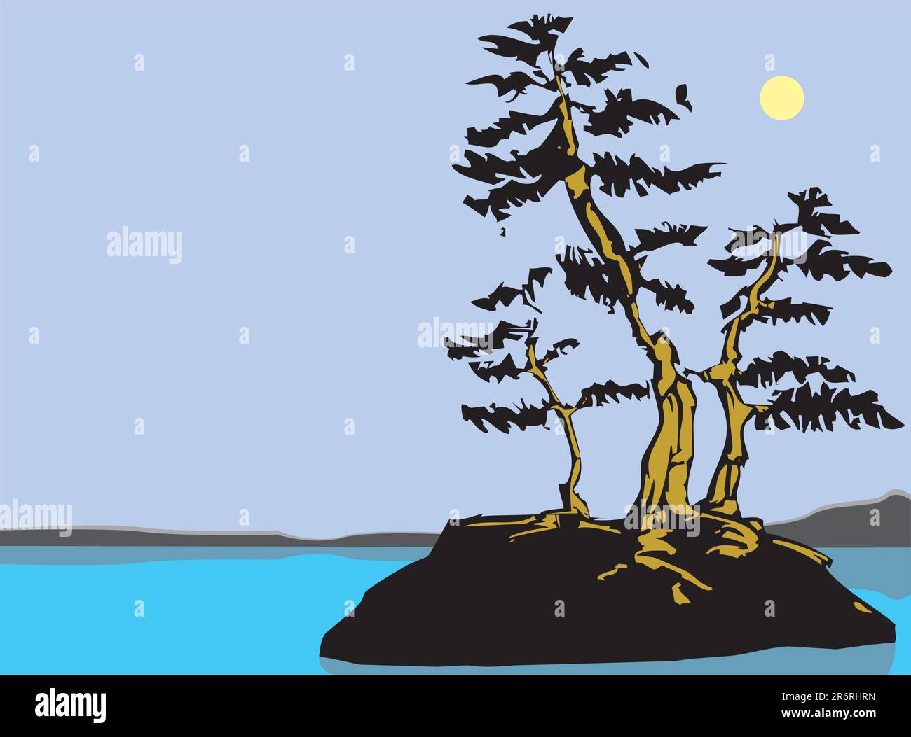 Pins tordus de mon image de tableau à gratter sur un affleurement au milieu du lac. Espace pour le texte sur le côté gauche. Illustration de Vecteur