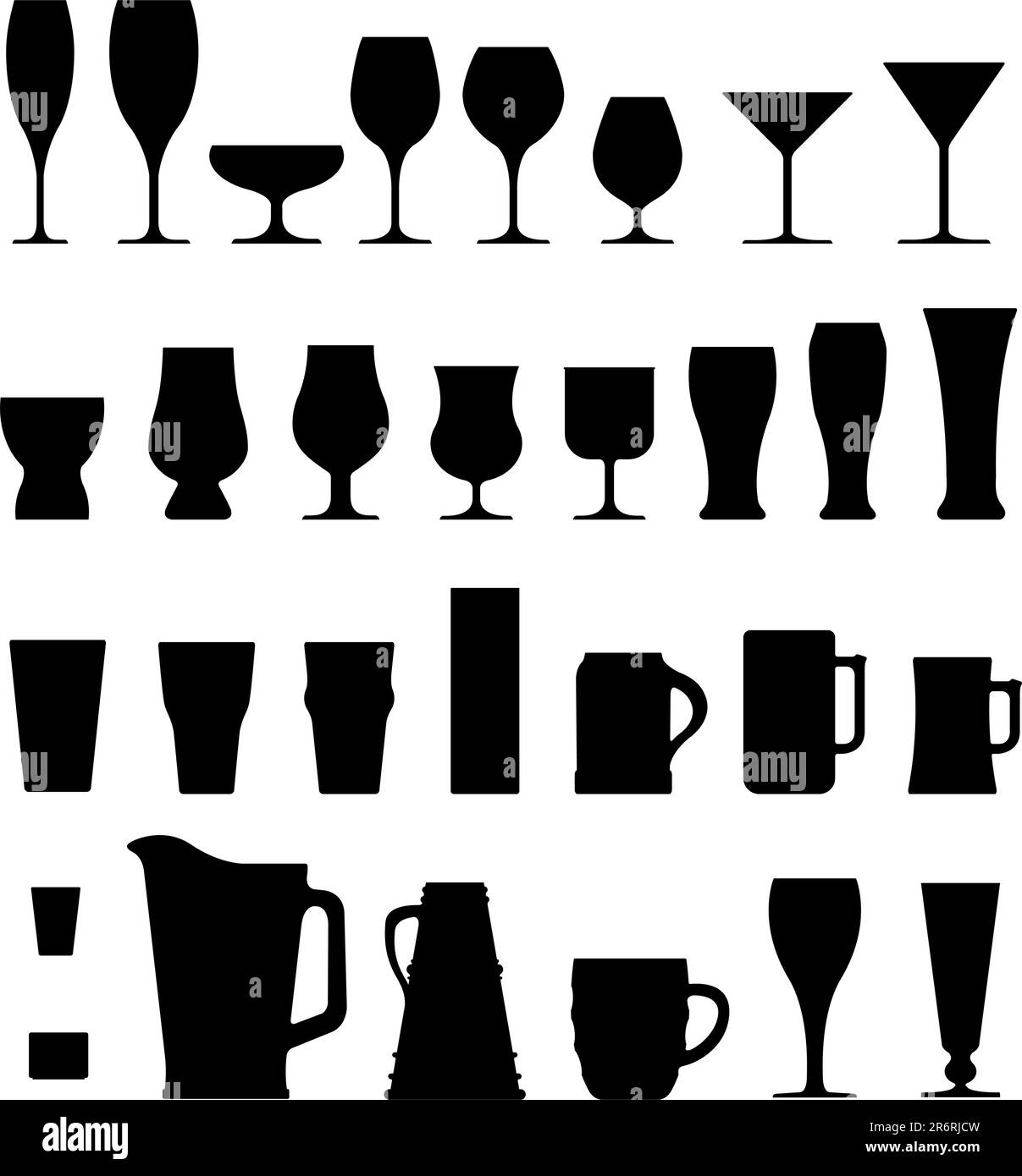Un grand ensemble de silhouettes vectorielles de verres, tasses et mugs à boire à l'alcool et au café. Illustration de Vecteur