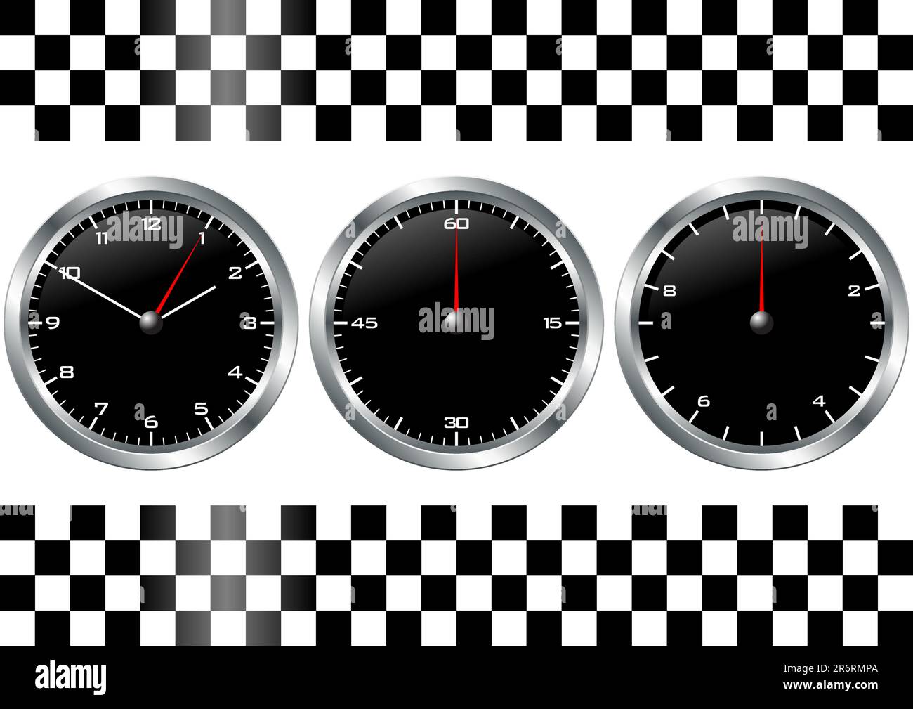 Montres et chronographes noirs avec drapeau à carreaux sur blanc Illustration de Vecteur