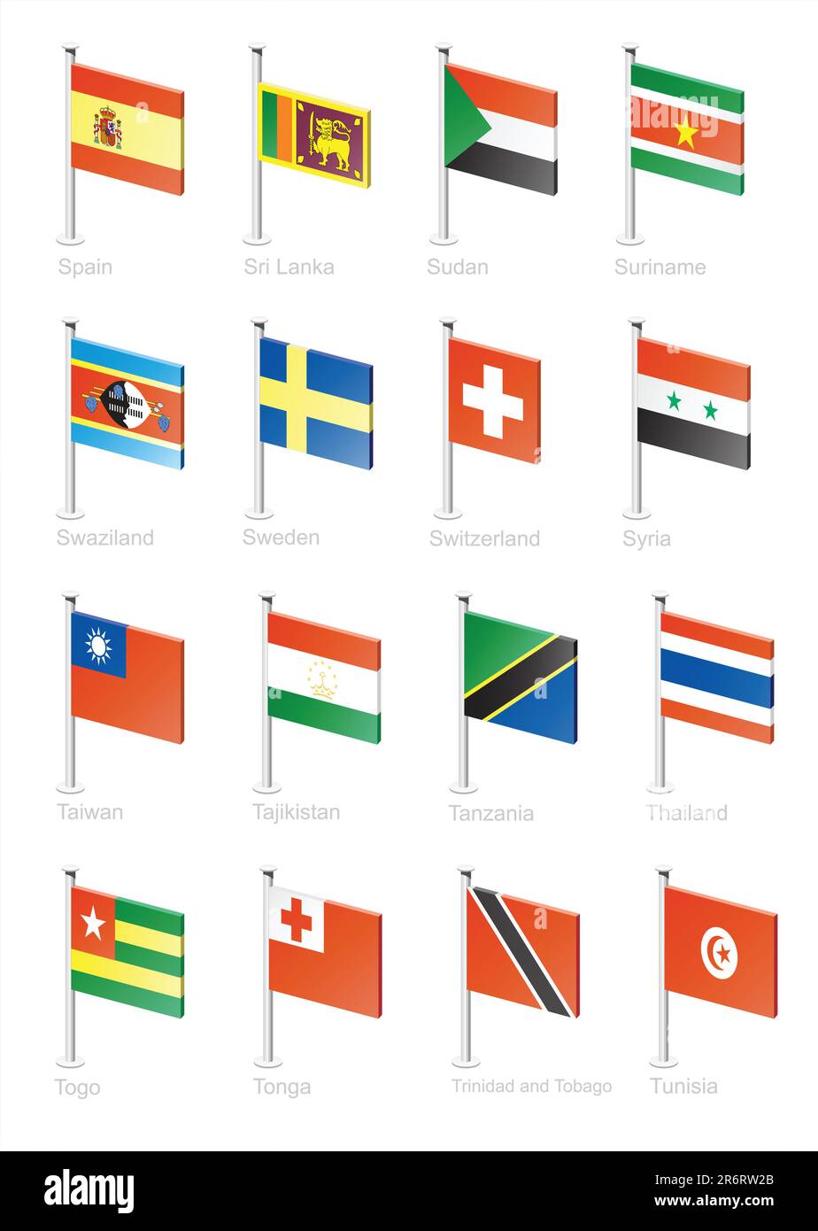 Espagne, Sri Lanka, Soudan, Surinam, Swaziland, Suède, Suisse, Syrie, Taïwan, Tadjikistan, Tanzanie, Thaïlande, Togo, Tonga, Trinité-et-Tobago, ... Illustration de Vecteur