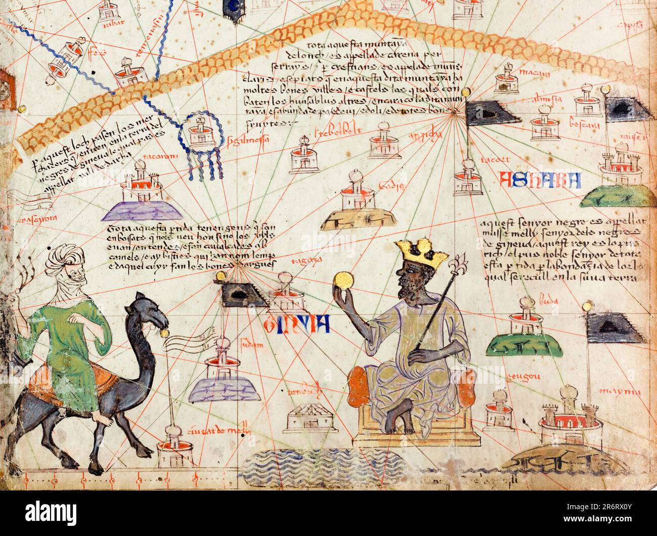 Détail d'un Atlas catalan montrant une carte du Sahara occidental et de Mansa Musa (1280-1337), neuvième souverain de l'Empire malien (vers 1312-1337), carte d'Abraham Cresques, 1375 Banque D'Images