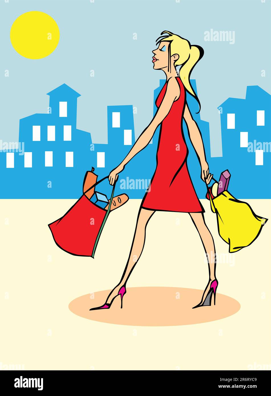 Jeune cabas - femme en robe rouge avec sacs de shopping Illustration de Vecteur