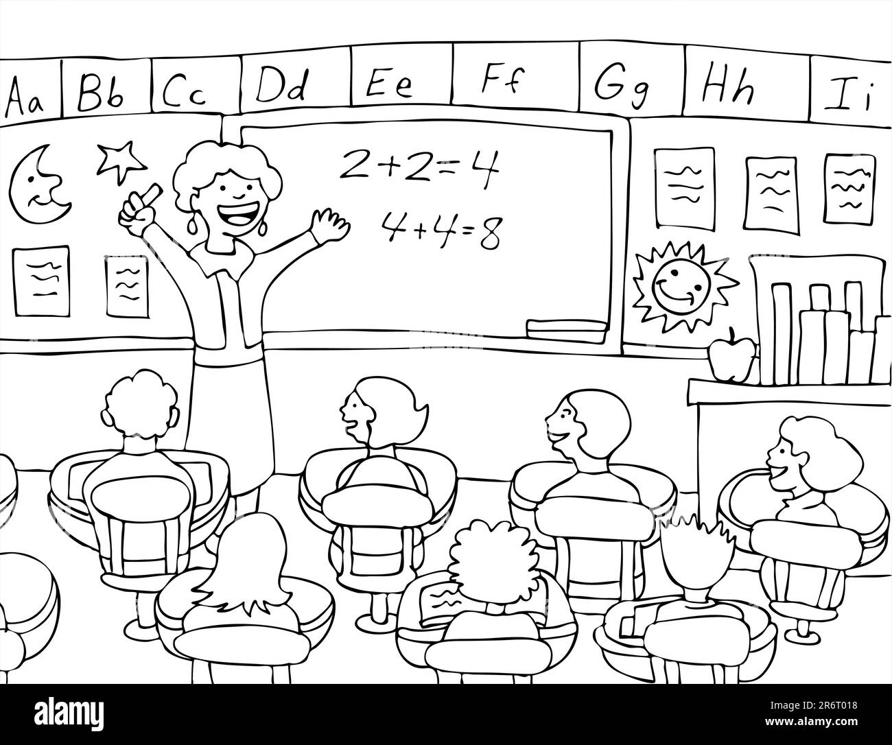 Une enseignante donne une conférence à sa classe élémentaire sur les mathématiques de base dans la classe - noir et blanc. Illustration de Vecteur