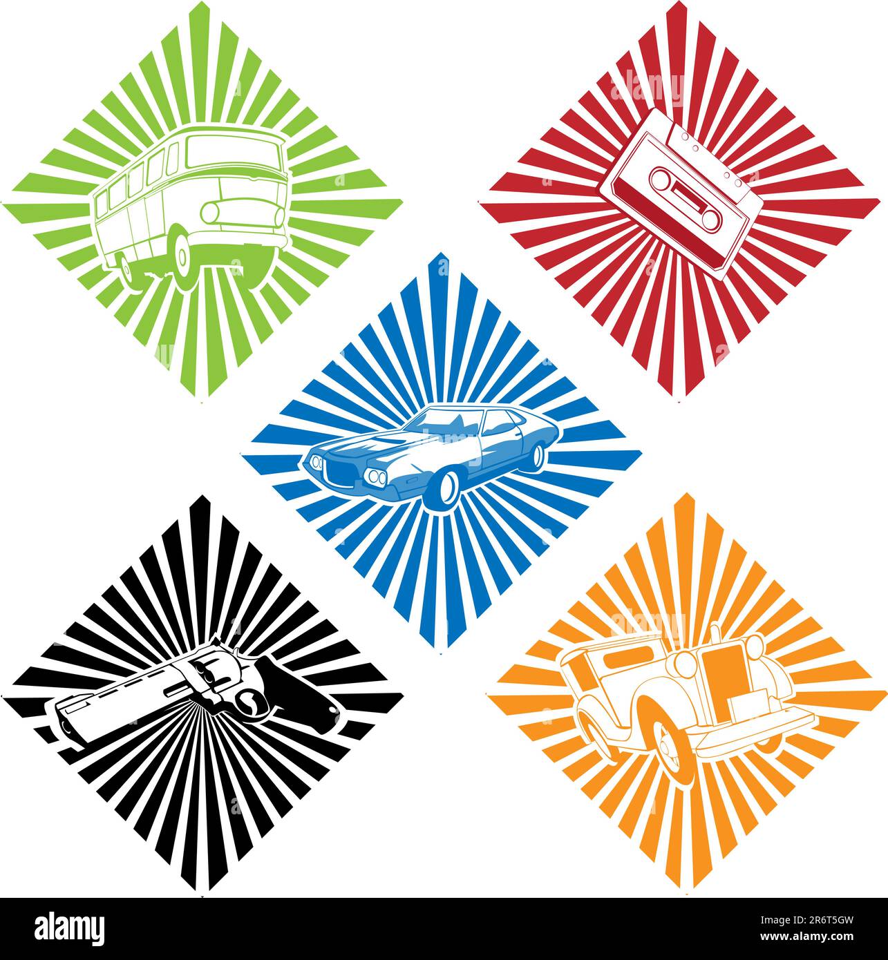collection vectorielle de différents objets avec arrière-plan sunburst Illustration de Vecteur