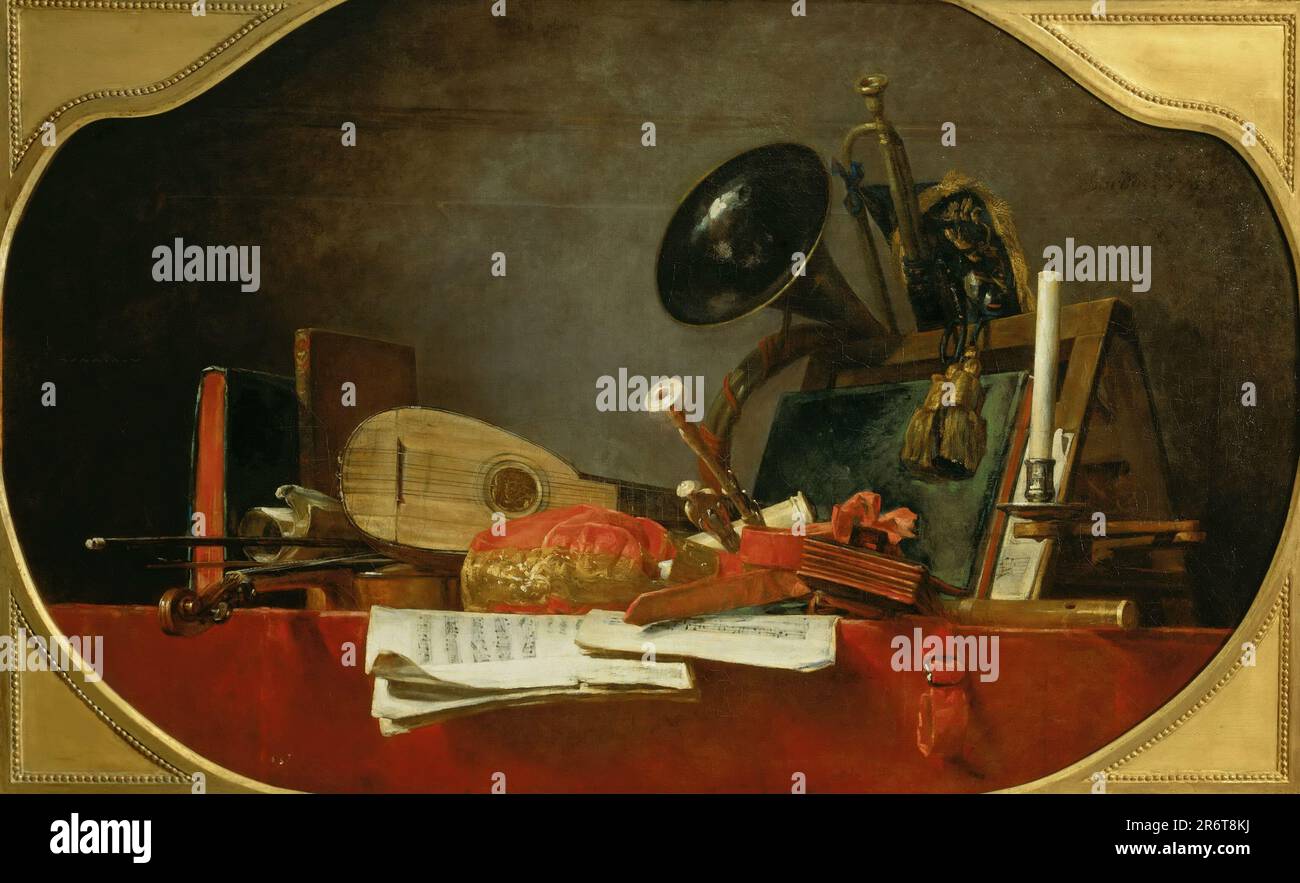 Attributs de la musique. Musée : Musée du Louvre, Paris. AUTEUR: JEAN-BAPTISTE-SIMEON CHARDIN. Banque D'Images