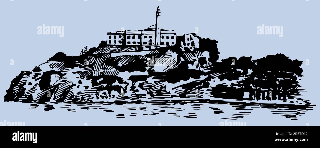 Dessin à la main de la prison de l'île d'Alcatraz à San Francisco, Californie. Illustration de Vecteur