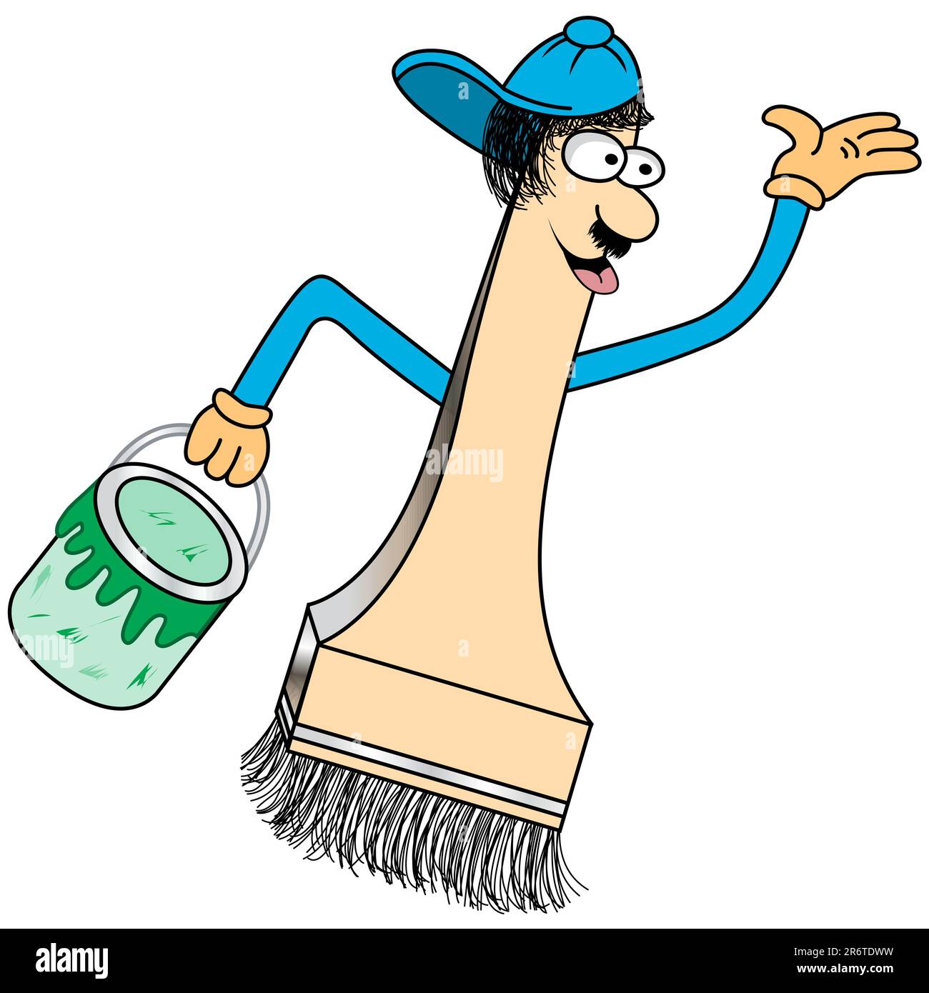 Peignez le personnage de dessin animé avec un visage drôle et une casquette de baseball tenant un pot vert de peinture. Illustration de Vecteur