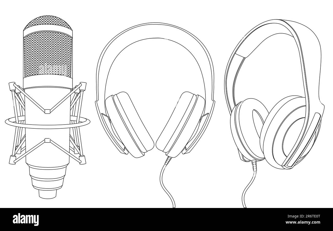 Image vectorielle des écouteurs et du microphone isolée sur blanc. Illustration de Vecteur