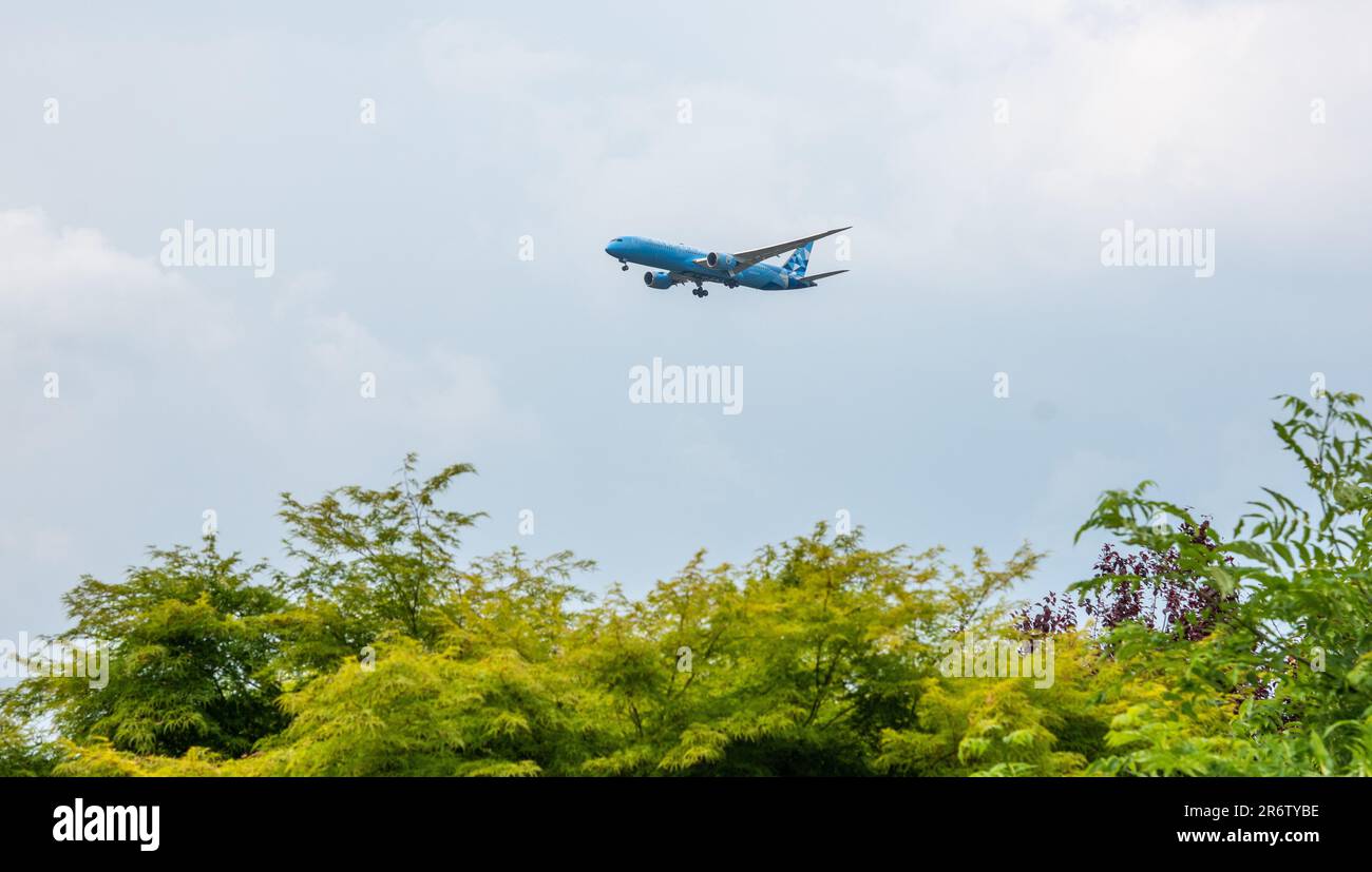 Atterrissage en avion de Manchester City à l'aéroport de Manchester, Chapions primés de Treble. Banque D'Images