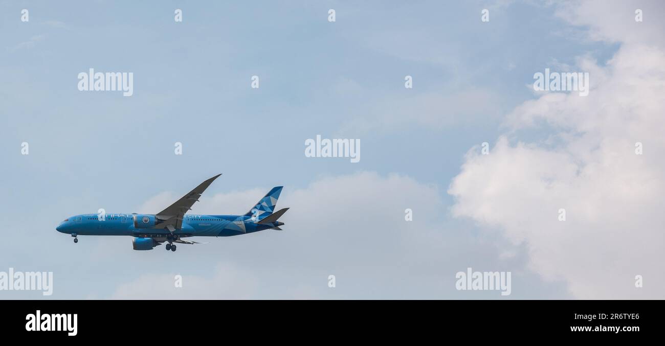 Atterrissage en avion de Manchester City à l'aéroport de Manchester, Chapions primés de Treble. Banque D'Images
