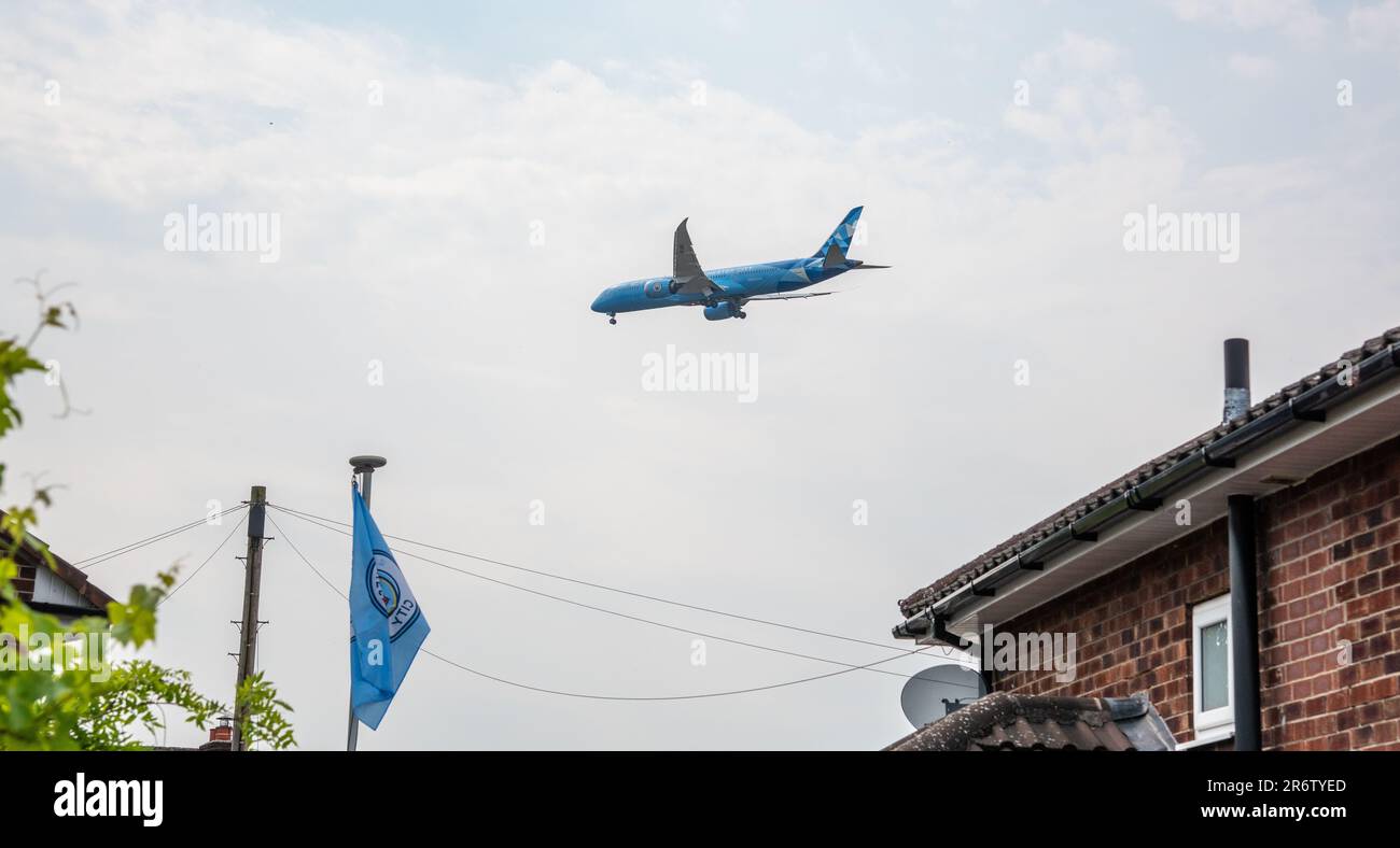 Atterrissage en avion de Manchester City à l'aéroport de Manchester, Chapions primés de Treble. Banque D'Images