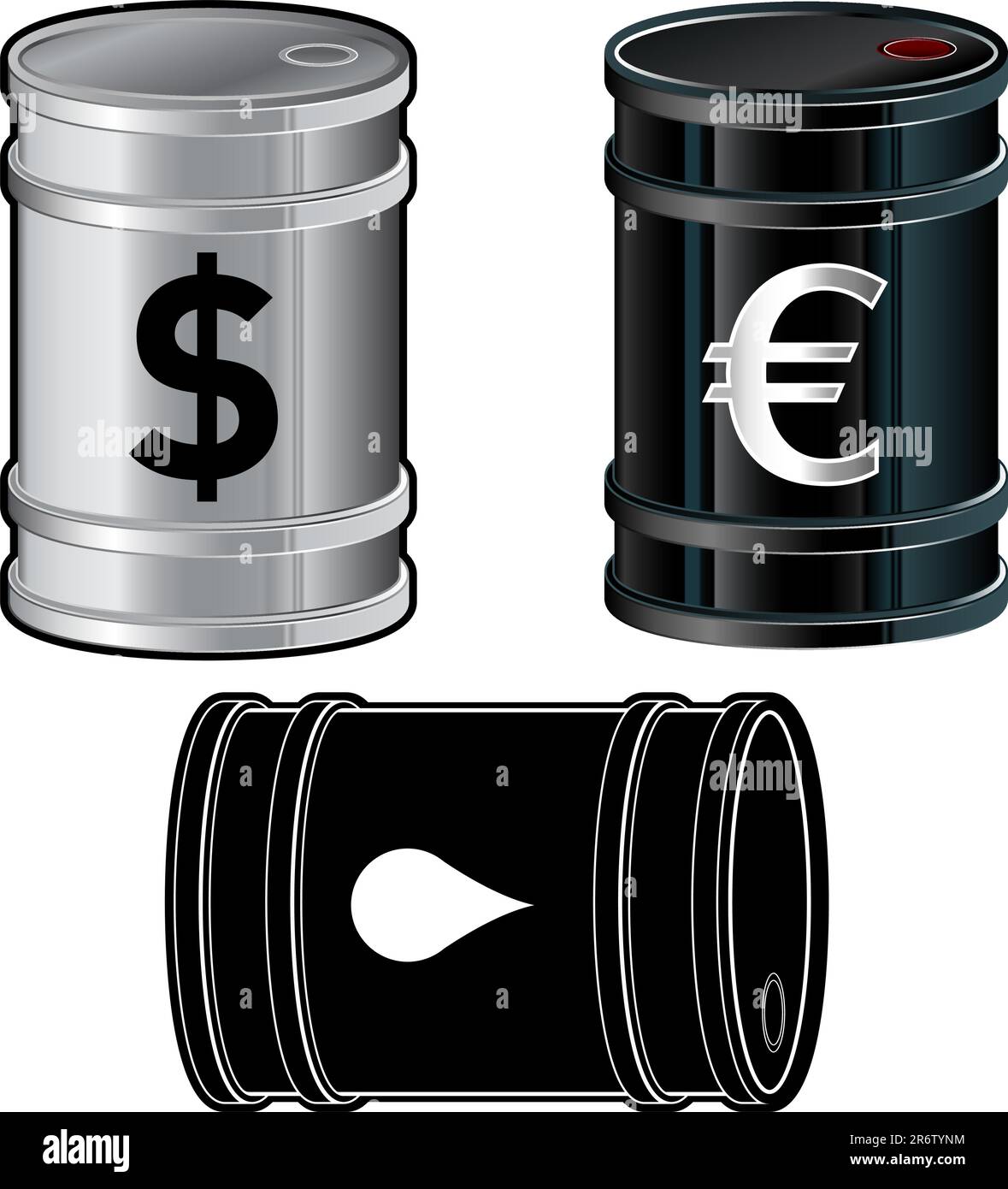 Ensemble d'icônes de baril d'huile. Les illustrations vectorielles incluent des tambours à carburant en acier inoxydable et des noirs brillants et mats. Les icônes incluent la goutte d'huile, euro et d... Illustration de Vecteur