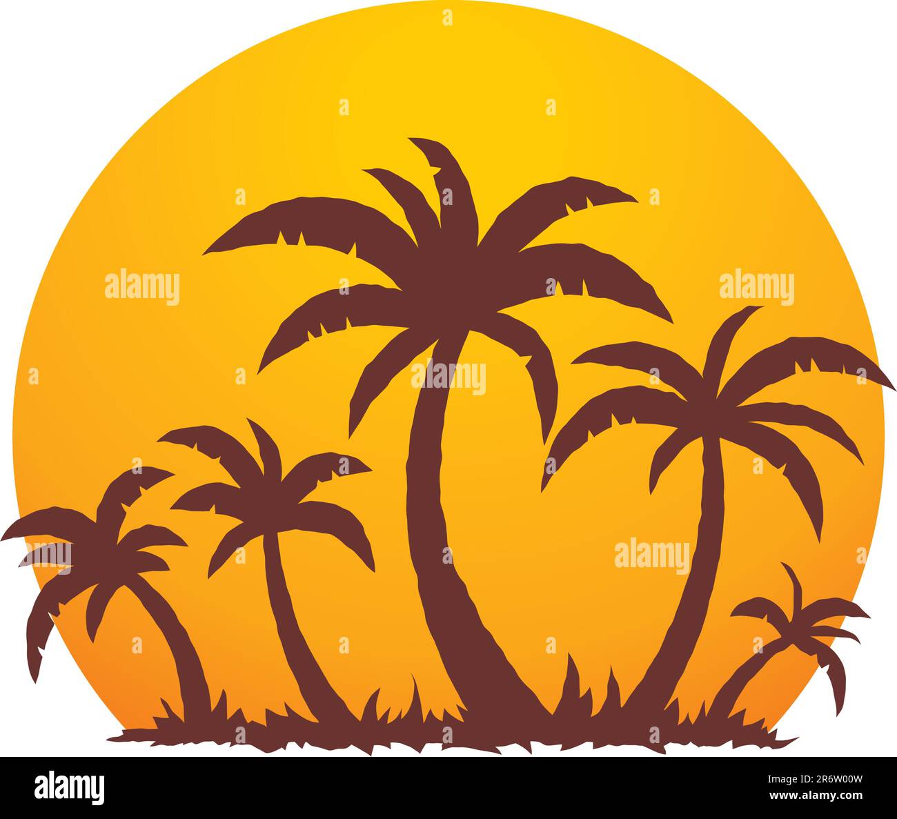 Vector illustration d'un coucher du soleil tropical et de palmiers sur une petite île paradisiaque de vacances. Illustration de Vecteur