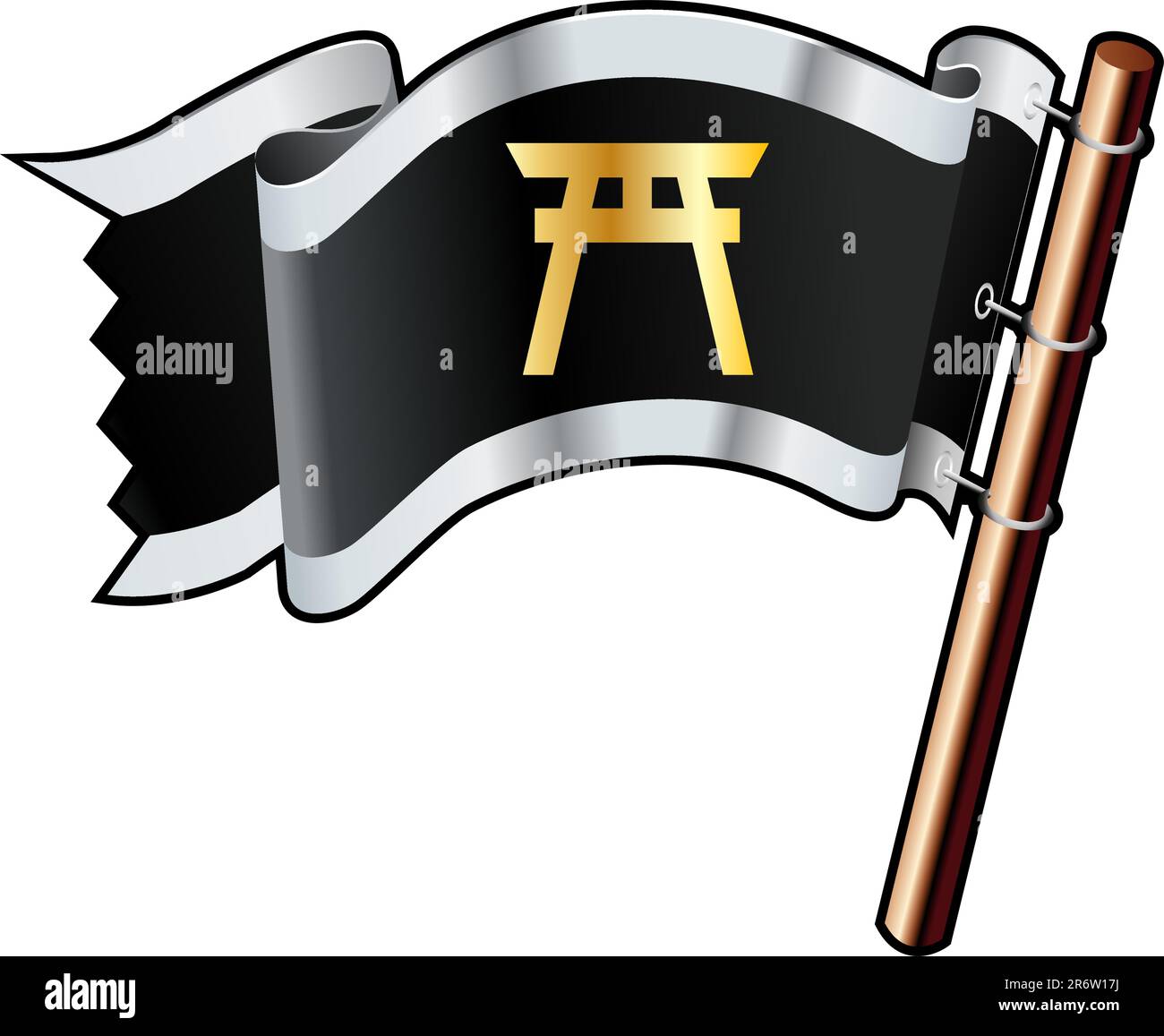 Shinto temple icône religieuse sur noir, argent, et drapeau vectoriel d'or bon pour l'utilisation sur les sites Web, dans l'impression, ou sur le matériel promotionnel Illustration de Vecteur