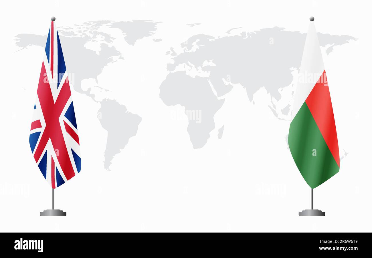 Drapeaux du Royaume-Uni et de Madagascar pour une réunion officielle sur fond de carte du monde. Illustration de Vecteur