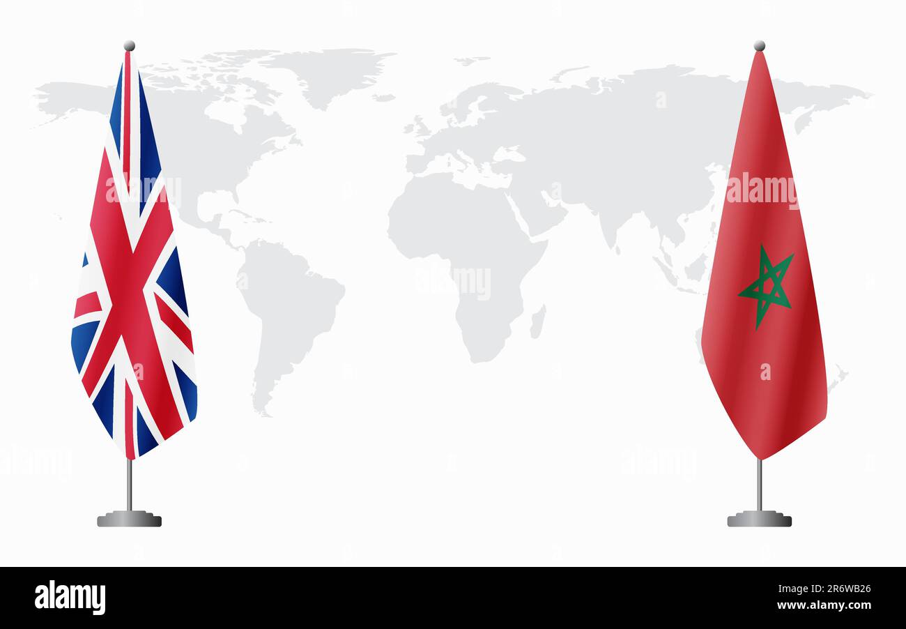 Drapeaux du Royaume-Uni et du Maroc pour une réunion officielle sur fond de carte du monde. Illustration de Vecteur