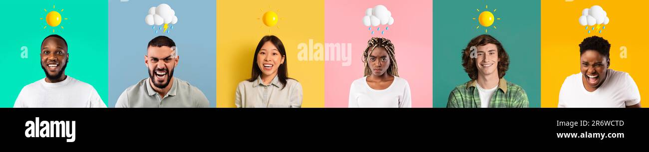 Diverses personnes multiethniques avec des émotions de temps différentes au-dessus de la tête Banque D'Images