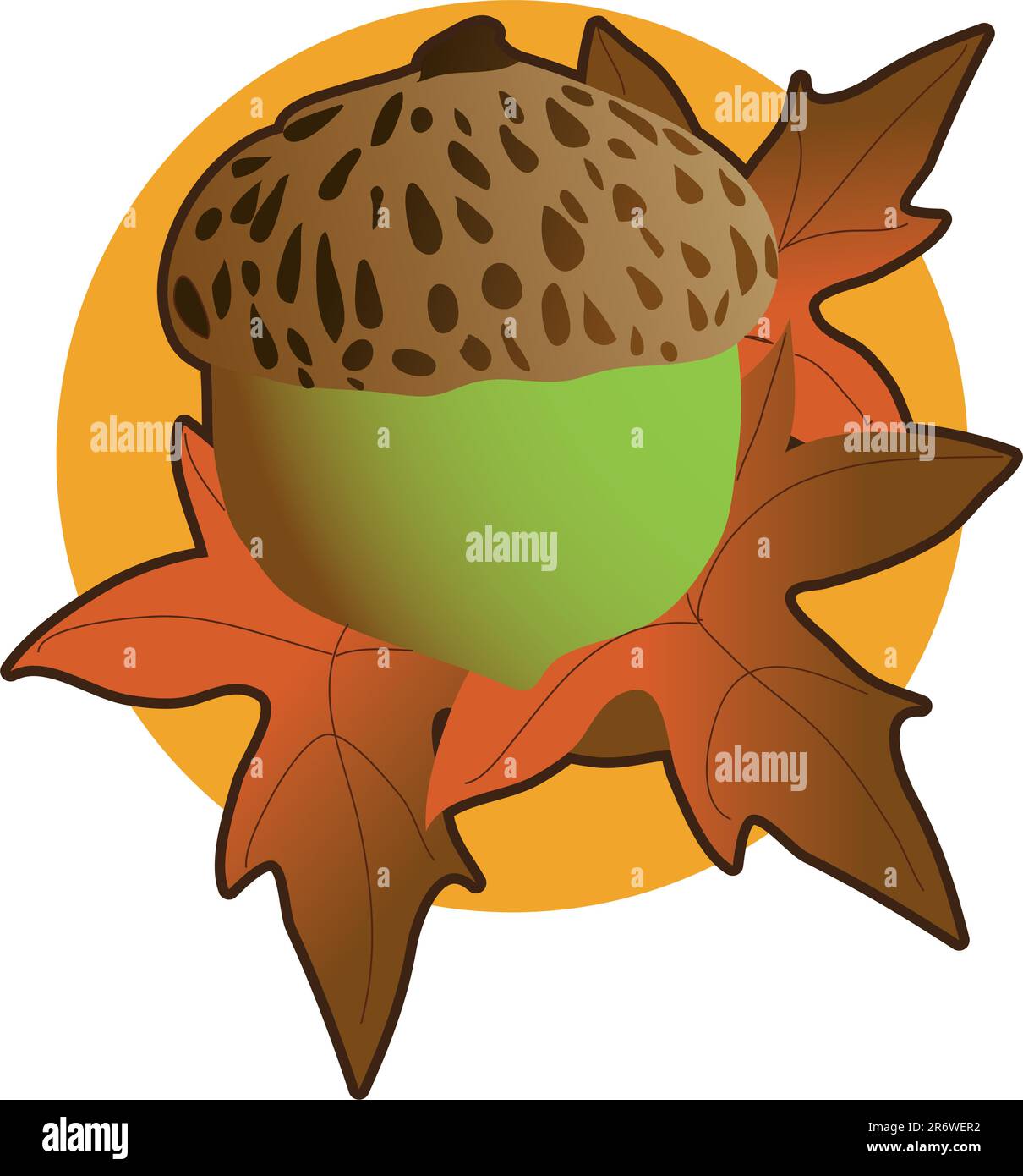 Un gland et feuilles d'automne sur un cercle orange background Illustration de Vecteur