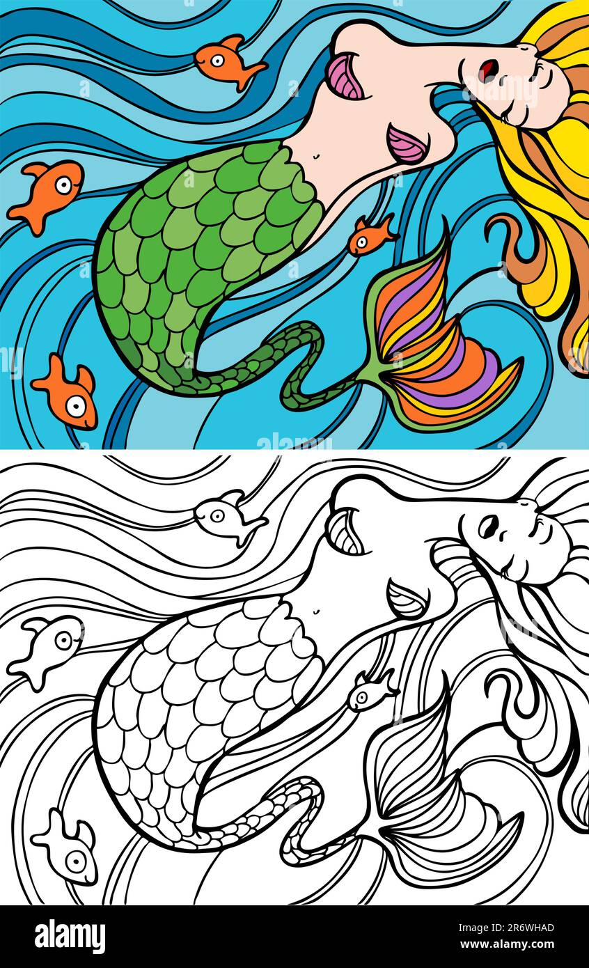 Mermaid nager dans l'océan avec des poissons d'or - couleur et noir / blanc version. Illustration de Vecteur