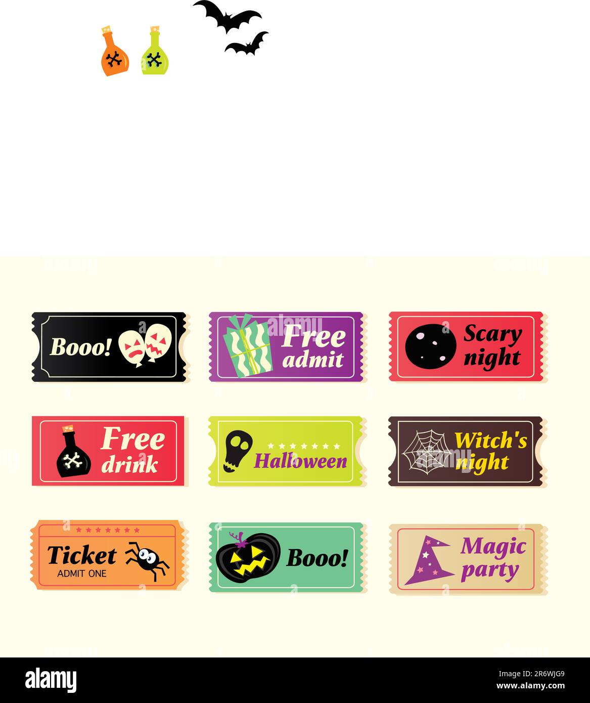 Vous allez à la fête d'Halloween ? Booo ! Utilisez mes billets ! En 9 variantes différentes. Illustration vectorielle. Illustration de Vecteur