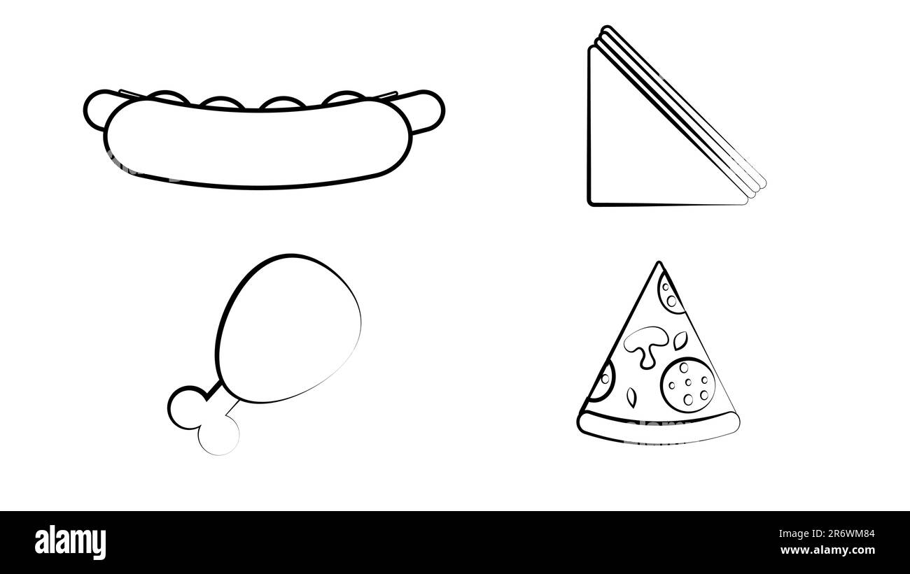 jeu d'icônes de base pour aliments rapides à lignes fines. isolé. couleur noire, pour les restaurants et les fast-foods. Illustration de Vecteur