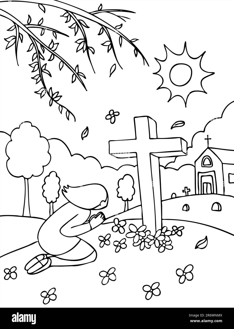 Une femme visite quelqu'un dans un cimetière - version noir et blanc. Illustration de Vecteur