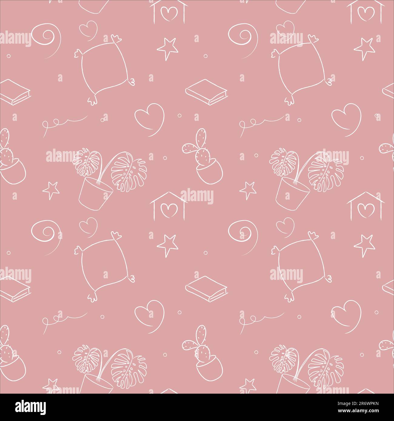 Maison confortable à dessin vectoriel. Peint : monstre, cactus, oreiller, coeur. Texte : Stay at home Illustration de Vecteur