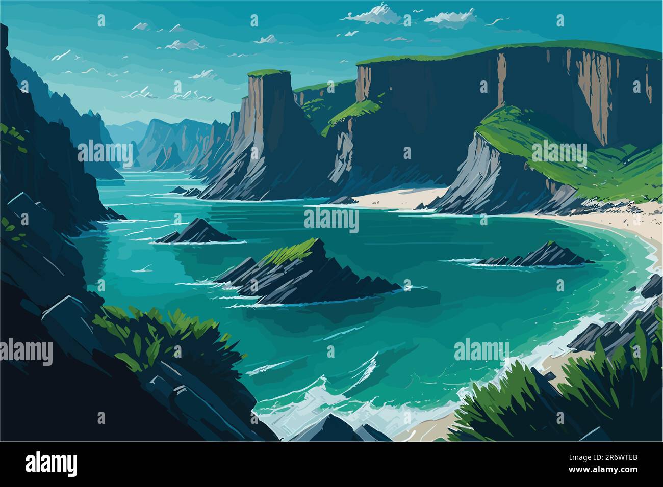 Une crique côtière sereine entourée de falaises imposantes, avec des eaux vertes émeraudes, une plage de sable isolée, et des mouettes qui s'envolent dans le ciel bleu clair Illustration de Vecteur