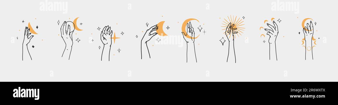 Dessin à la main vecteur résumé contour, graphique, jeu de ligne magie main humaine avec la lune et le logo d'étoile dans le style moderne minimaliste.Lune et le contour de signe d'étoile Illustration de Vecteur