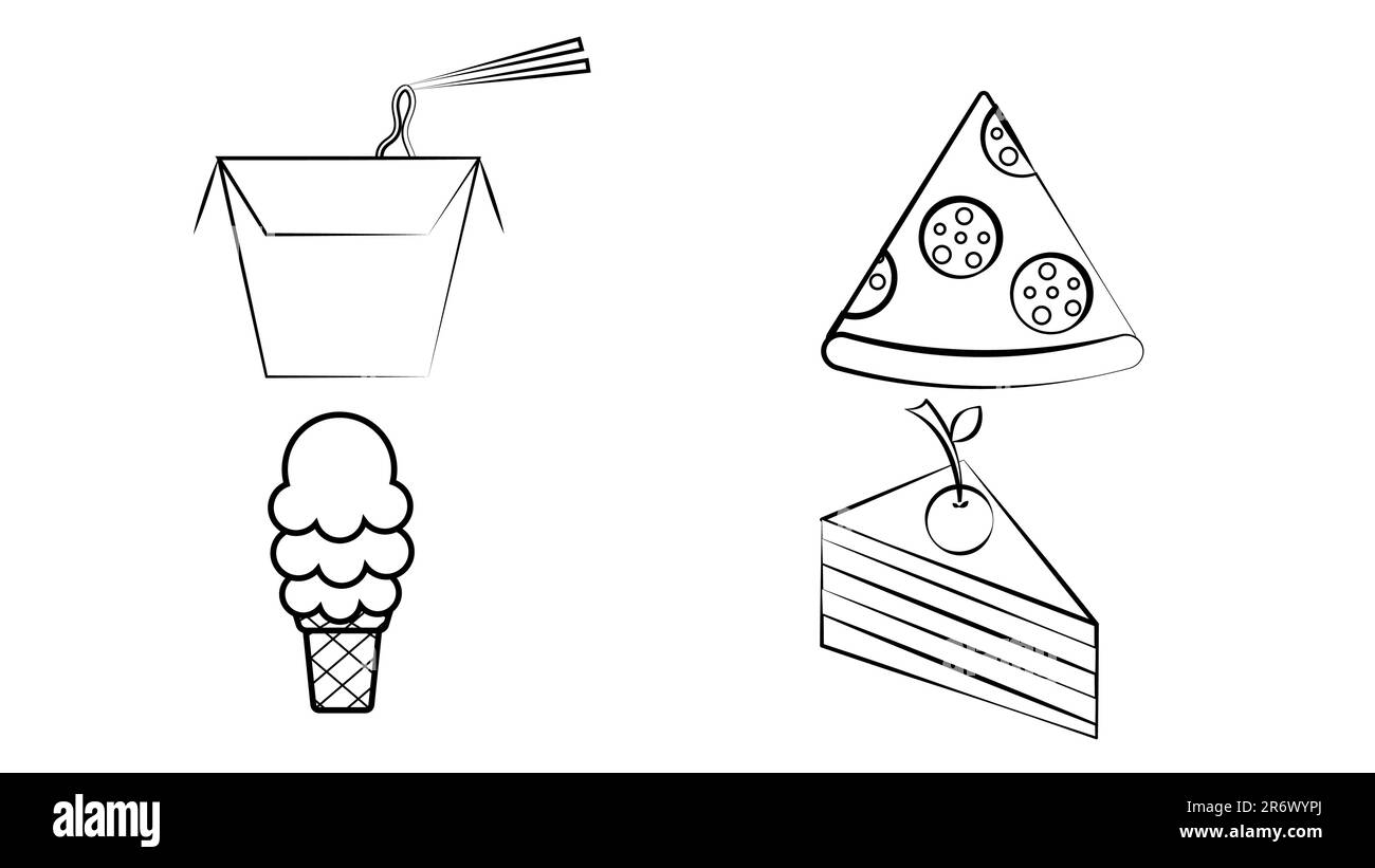 Jeu d'icônes de produits alimentaires rapides à lignes fines. Collection de symboles à contour noir, aliments indésirables et à emporter. Contour vectoriel modifiable. Illustration de Vecteur