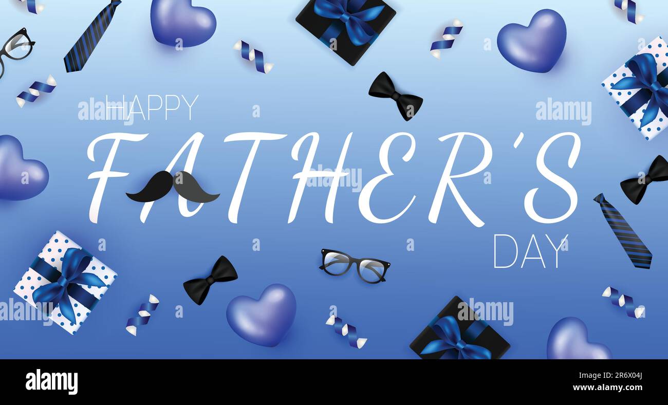 Illustration vectorielle de la fête des pères sur fond bleu. Bannière fête des pères avec cravate, noeud, lunettes, moustache, coeurs, boîte cadeau. Illustration de Vecteur
