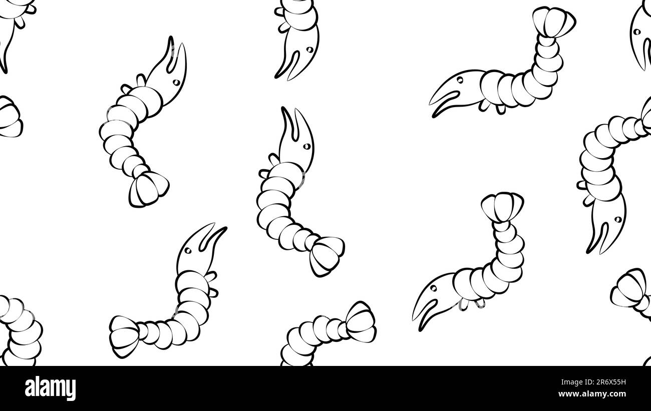 crevettes sur fond blanc, illustration vectorielle, motif. fruits de mer pour la nourriture. illustration sans couture, papier peint pour la décoration des cafés et des restaurants dans Illustration de Vecteur