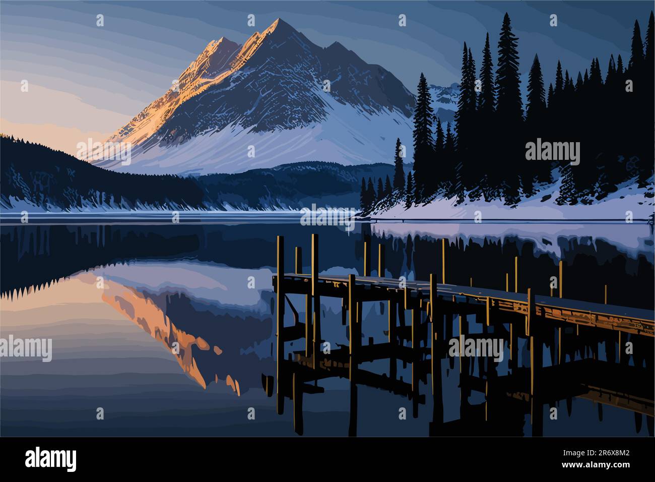 Une scène sereine au bord du lac à l'aube, avec une brume émergeant de l'eau calme, un quai rustique en bois, et un ciel coloré reflétant dans le calme Illustration de Vecteur