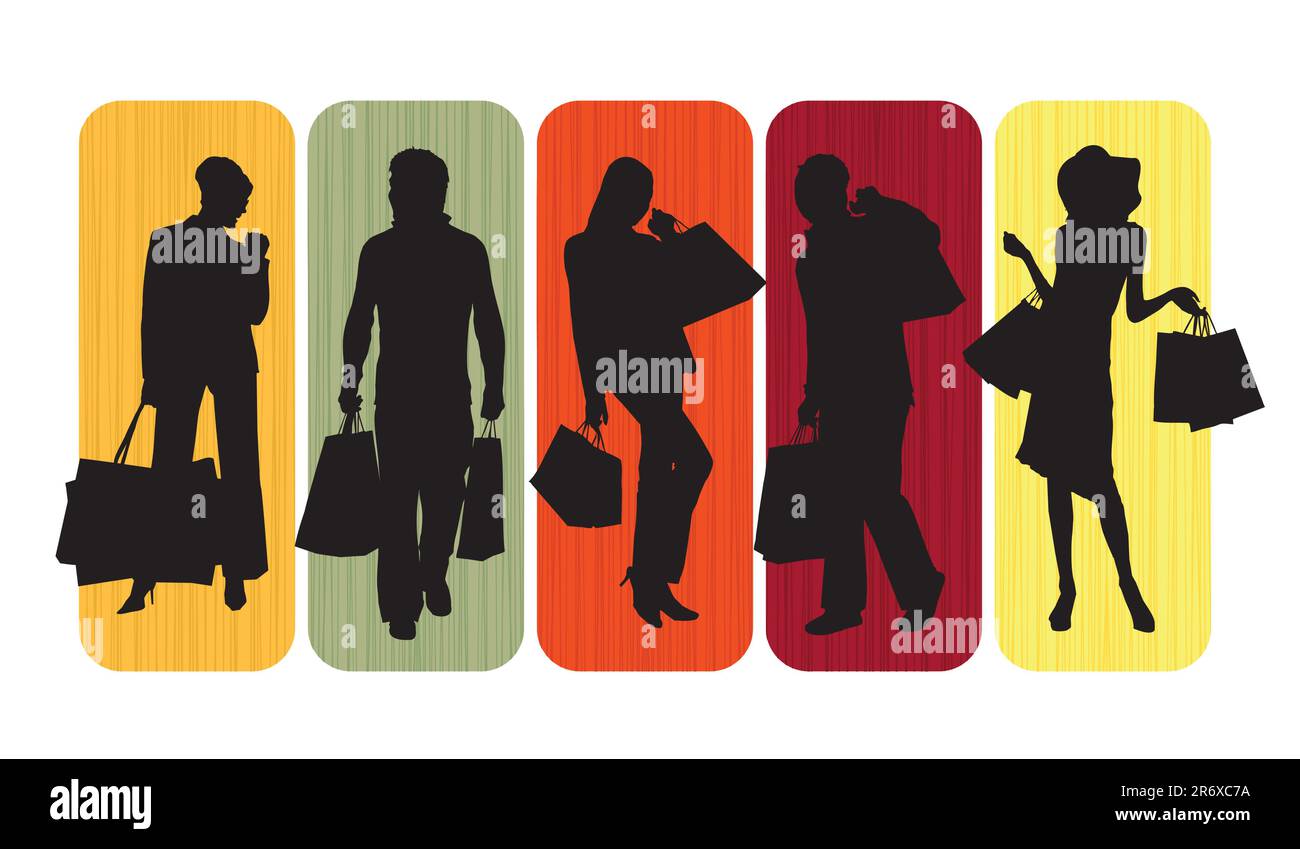 Shopping silhouettes d'hommes et de femmes sur un fond abstrait Illustration de Vecteur