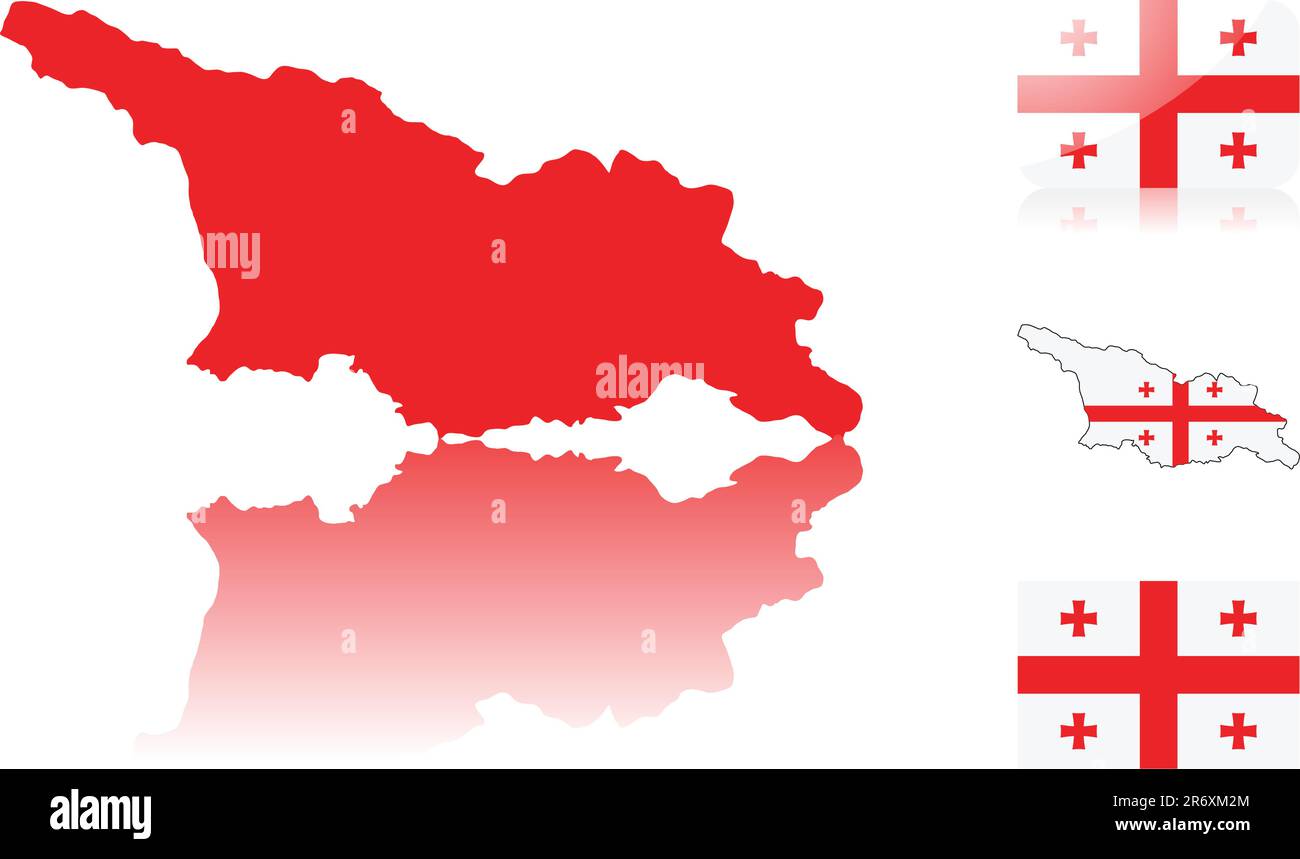 Carte géorgienne comprenant: Carte avec réflexion, carte en couleurs de drapeau, drapeau brillant et normal de la Géorgie. Illustration de Vecteur