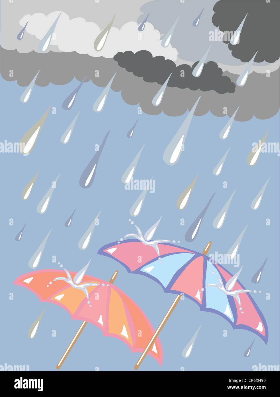 illustration dessinée à la main d'un jour pluvieux avec des nuages de tempête pluie et des parasols colorés Illustration de Vecteur