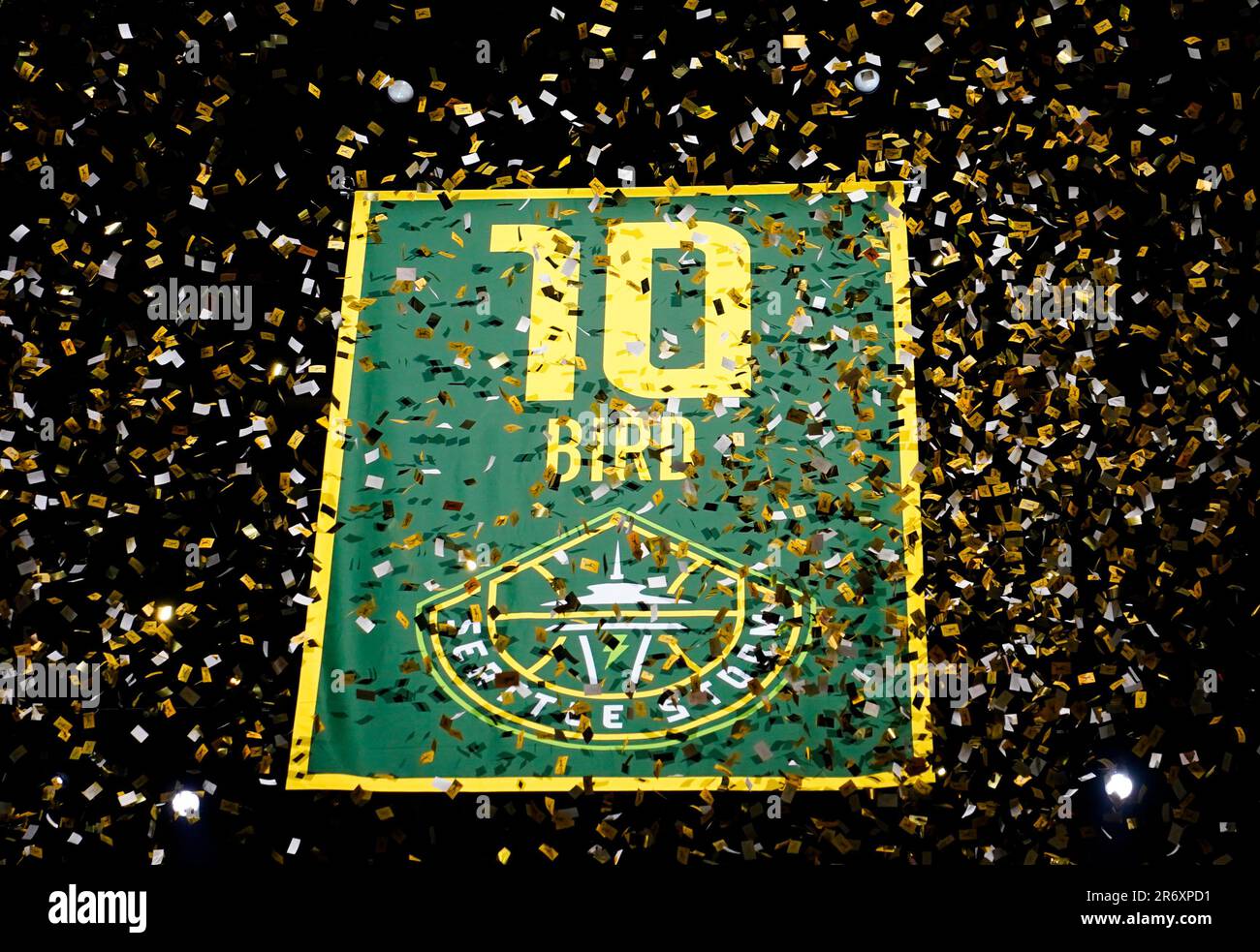 The jersey number of former Seattle Storm point guard Sue Bird is lifted into the rafters during a retirement ceremony following a WNBA basketball game between the Seattle Storm and the Washington Mystics, Sunday, June 11, 2023, in Seattle. (AP Photo/Lindsey Wasson) Banque D'Images