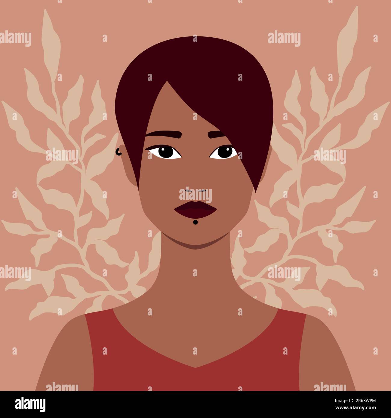 Portrait d'une fille latine informelle avec perçage sur un fond botanique. Avatar pour les réseaux sociaux. Portrait féminin abstrait de style plat Illustration de Vecteur