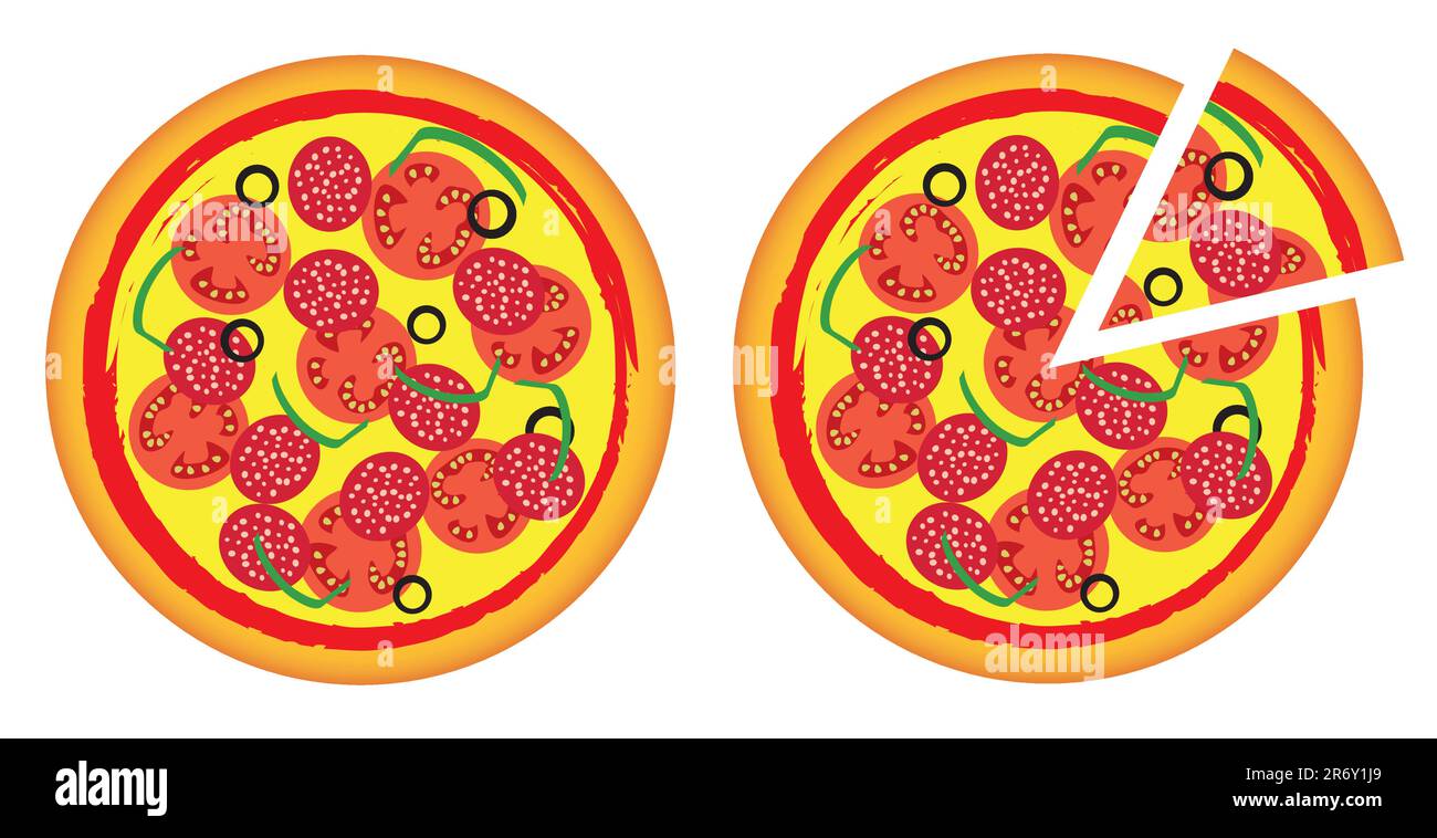 Deux pizzas, une toute entière et entaillée Illustration de Vecteur