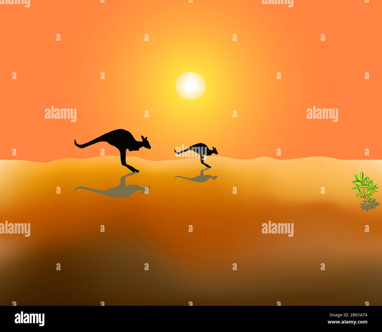 Silhouettes de deux kangourous en course dans le désert en Australie, par une chaude journée ensoleillée Illustration de Vecteur