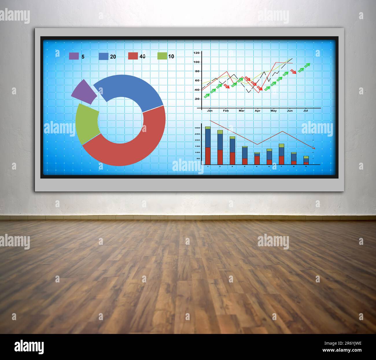 téléviseur à écran plasma avec tableau des stocks sur le mur au bureau Banque D'Images