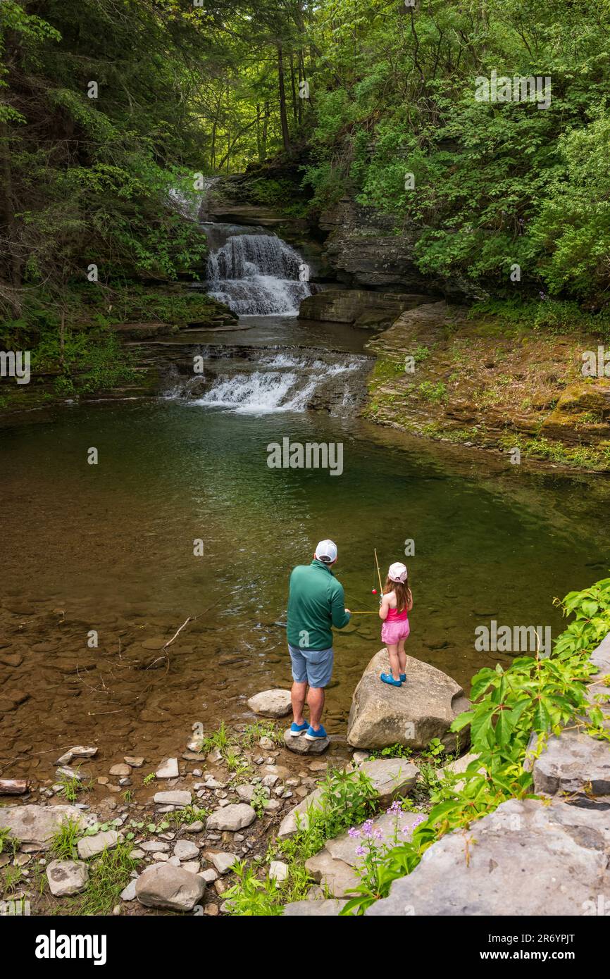 Un père et sa fille pêchent dans un ruisseau du parc national Robert H. Treman situé à Ithaca, dans la région des lacs Finger de l'État de New York. Un wat Banque D'Images