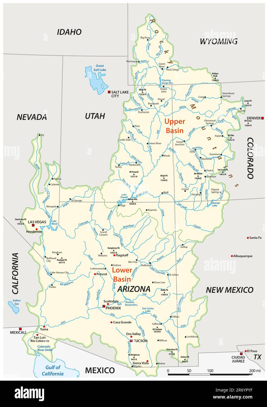Carte vectorielle du bassin hydrographique du fleuve Colorado, États-Unis Banque D'Images