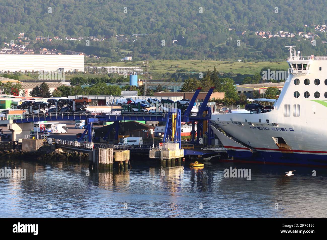 Stena Embla déchargeant en début de matinée au port de Belfast, Irlande du Nord, Royaume-Uni Banque D'Images