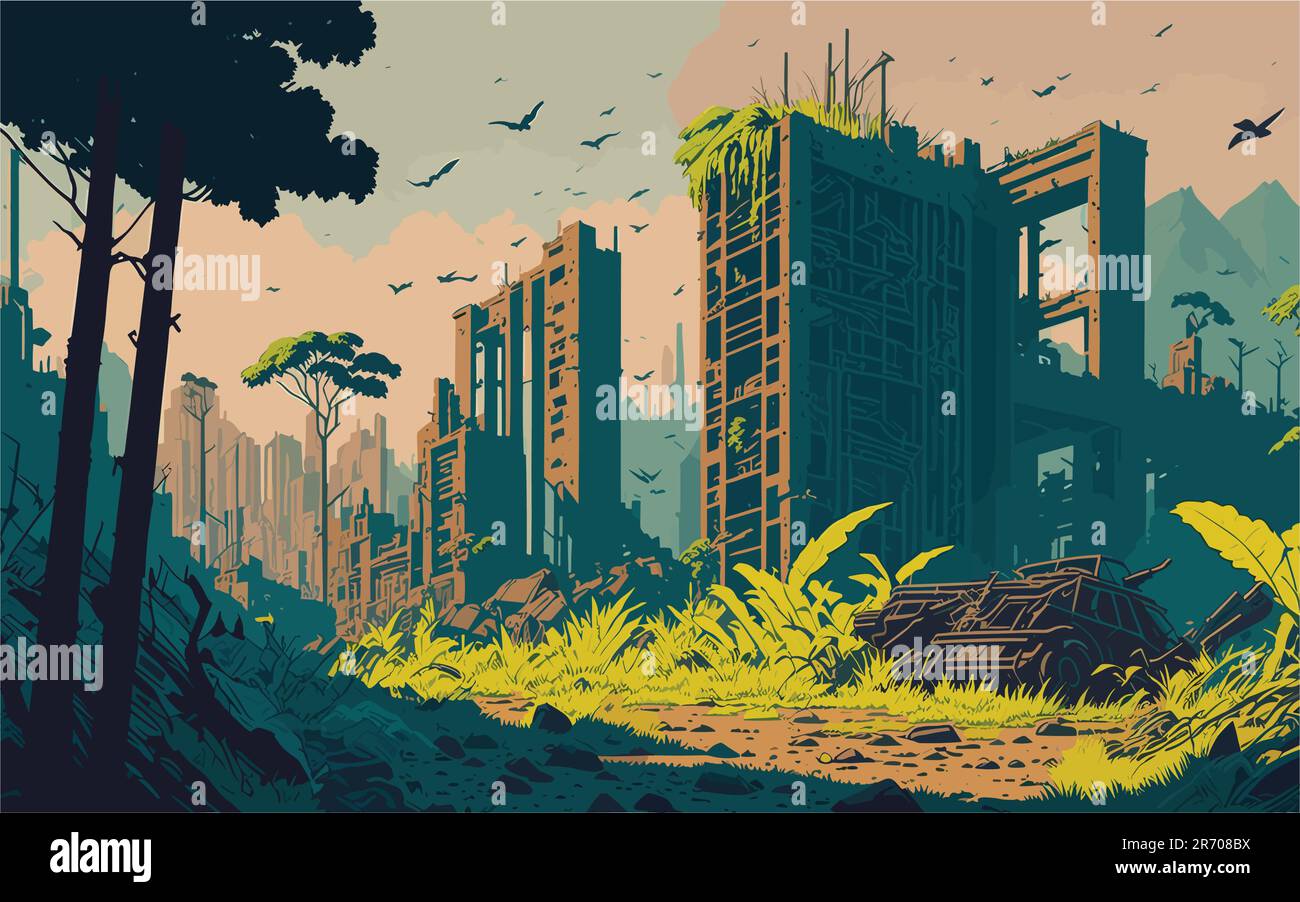 image d'arrière-plan complexe de style vectoriel représentant un désert post-apocalyptique, avec des bâtiments en ruine, une végétation surcultivée et des traces d'une seule fois Illustration de Vecteur