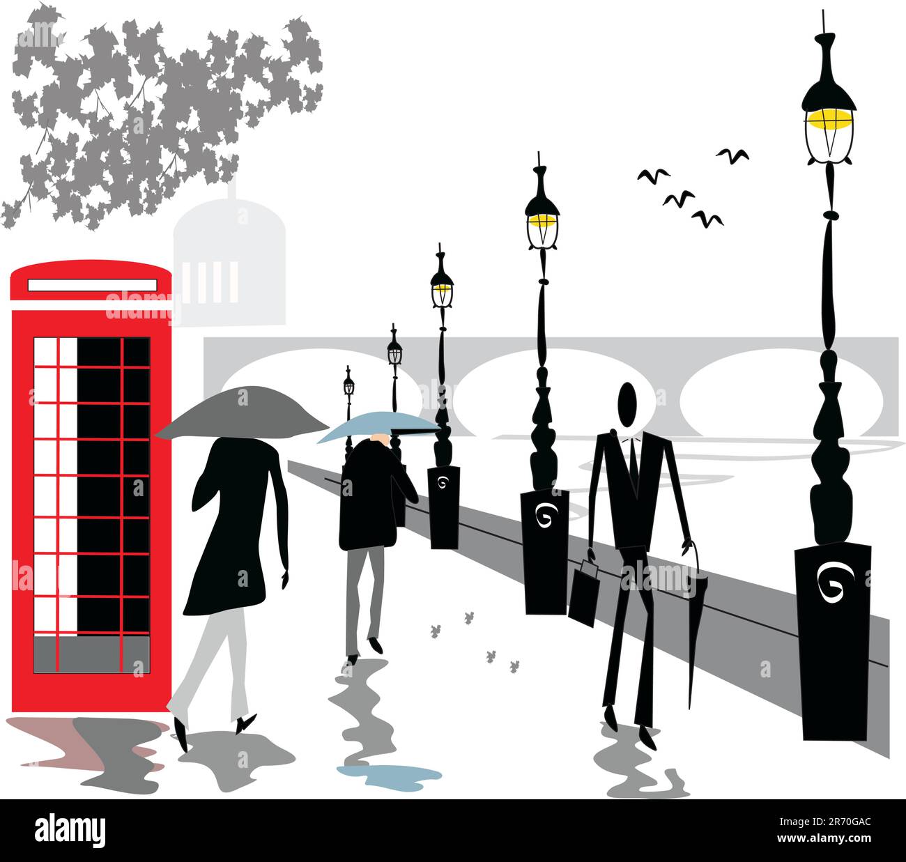 Illustration vectorielle de personnes avec des parasols marchant le long de l'Embankment, Londres Angleterre. Illustration de Vecteur