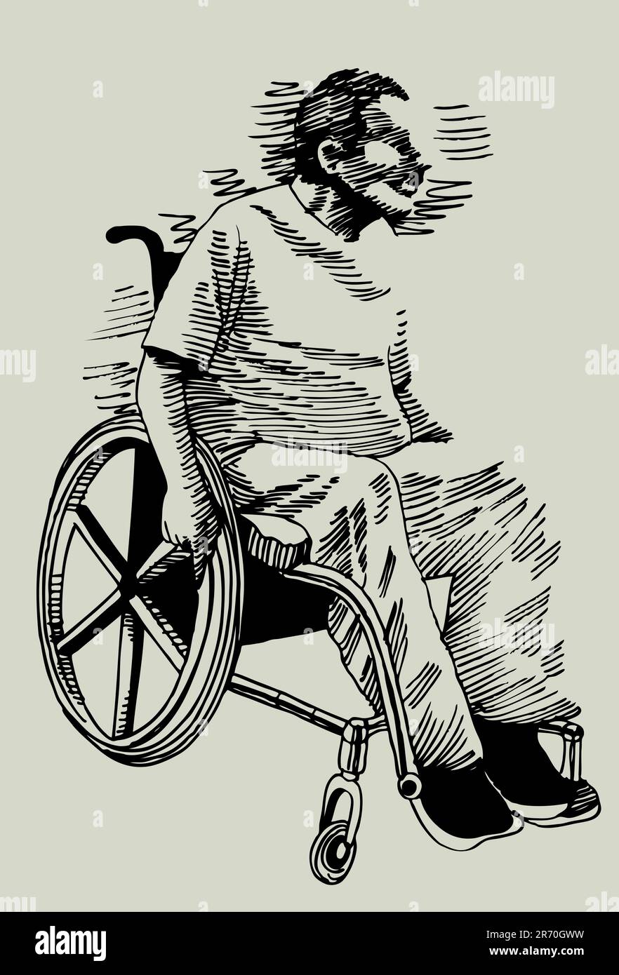 Croquis dessiné à la main d'un homme en fauteuil roulant. Illustration de Vecteur