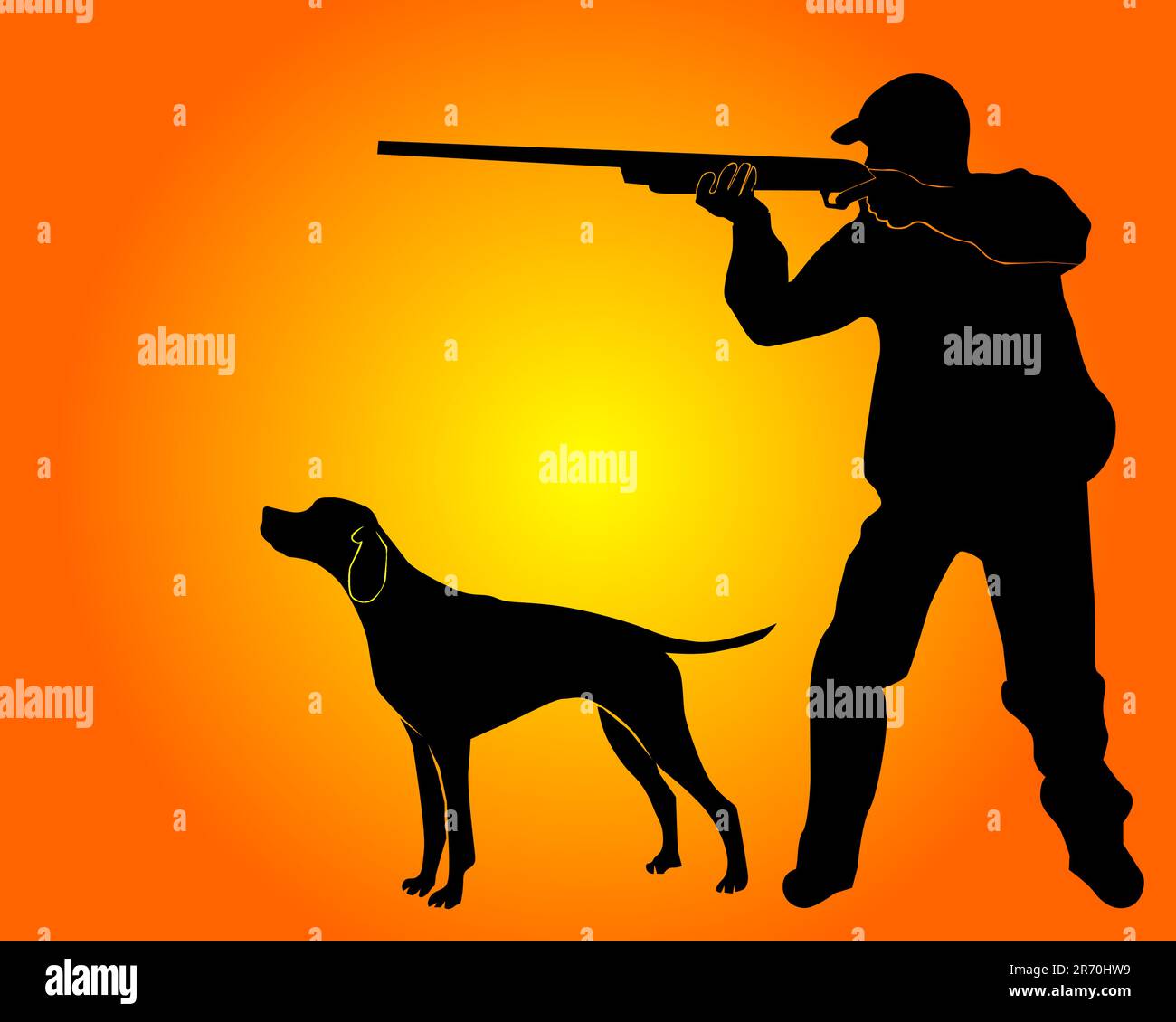 Silhouette noire du chasseur avec un chien sur fond orange Illustration de Vecteur