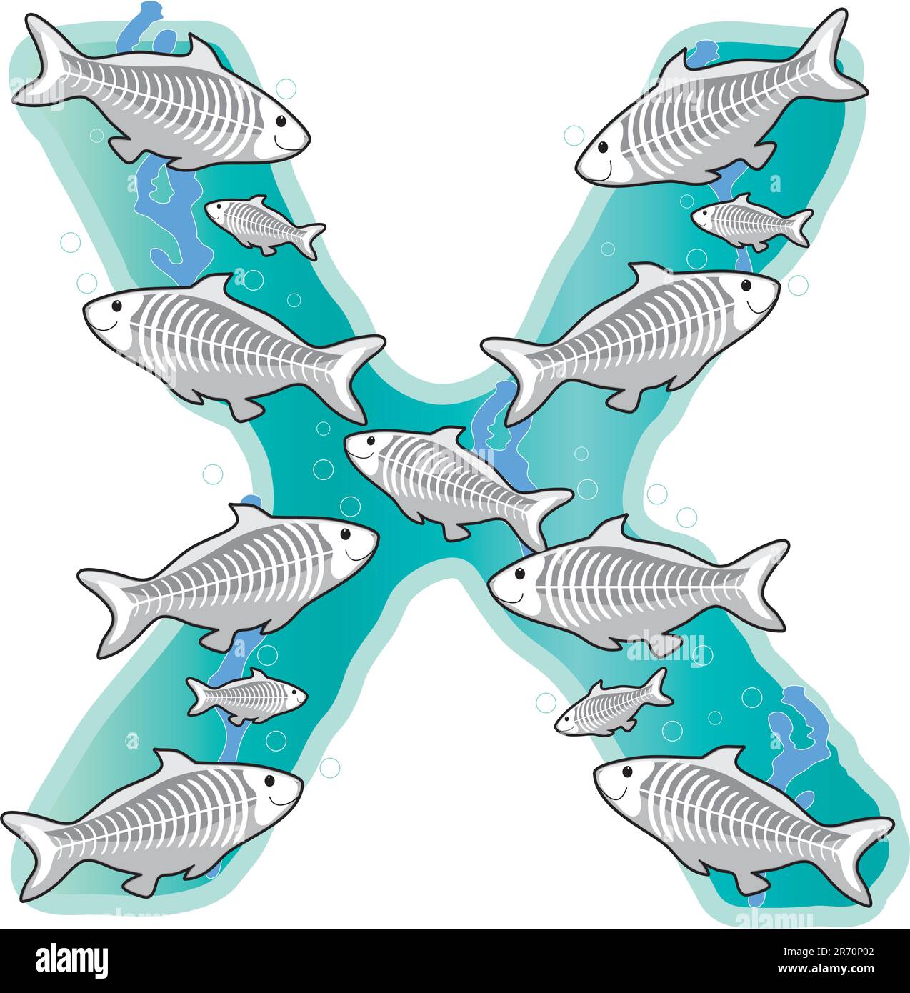 Une école de poissons à rayons X sous la forme de la lettre X. Illustration de Vecteur