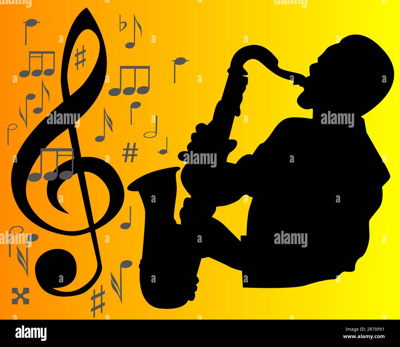 silhouette noire d'un saxophone sur fond orange avec signes musicaux Illustration de Vecteur